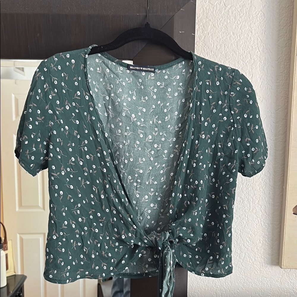 Brandy Melville Green Floral Tie Blouse